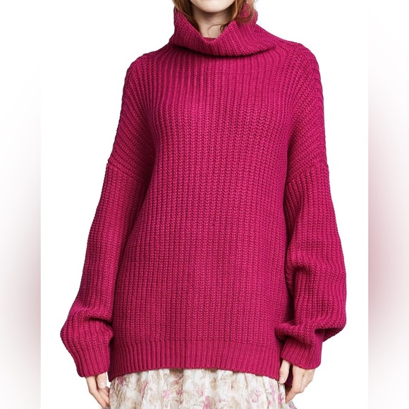 Free People Swim To Deep Turtle Neck Sweater Deep Red Chunky Knit Women's XS - Picture 2 of 13
